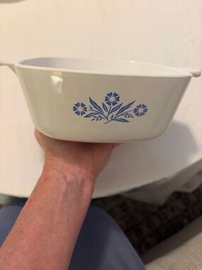 Corningware White Casserole Dish with Blue Floral Pattern